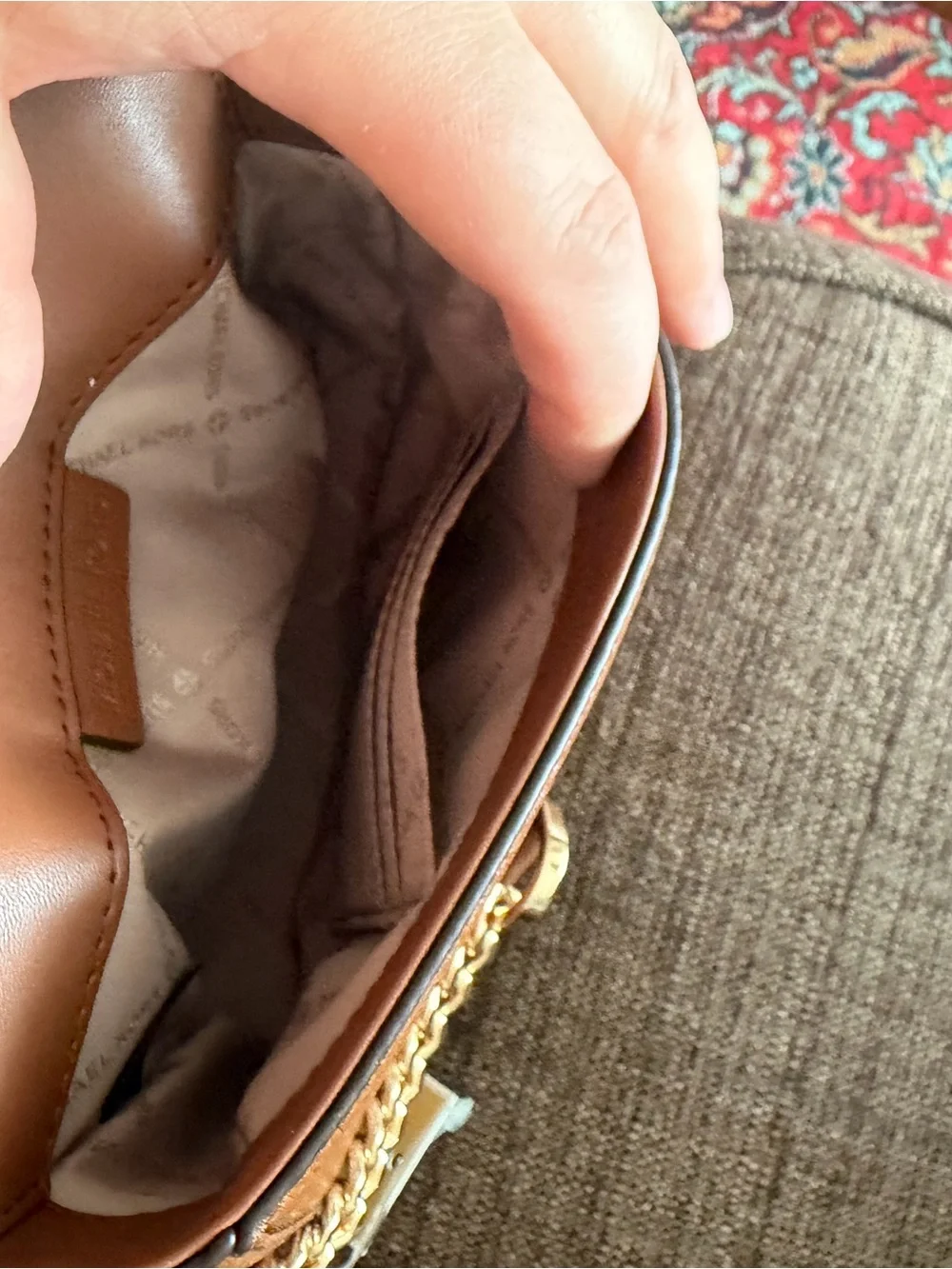 Michael Kors Half Dome Brown Leather Crossbody Saddle Bag with Gold Chain Strap